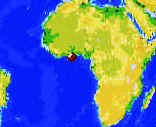  Kaartje van West-Afrika. Bij de rode stip woonden Obaa en Kofi 