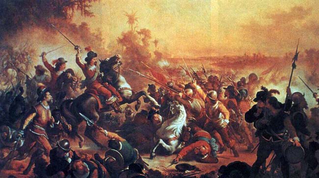 De Portugese Brazilianen (rechts) verslaan de Nederlanders bij Guararapes in 1649