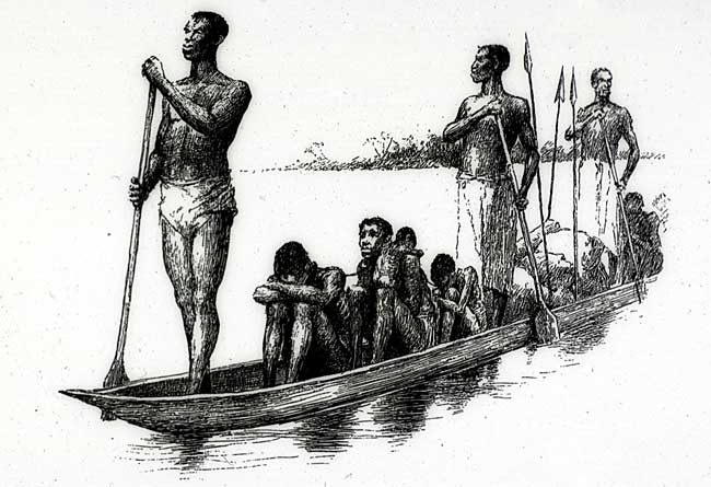 Buitgemaakte slaven worden meegenomen in een boomstam-kano