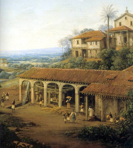 Suikerplantage in Brazili&euml;, schilderij van Frans Post. Klik op de afbeelding om het venster te sluiten